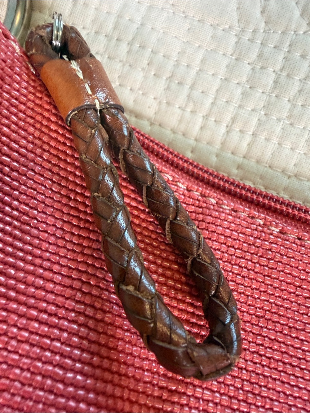 Fossil Red Canvas Hobo Shoulder Bag Braided Brown Leather Handle and zipper pull - Picture 11 of 15